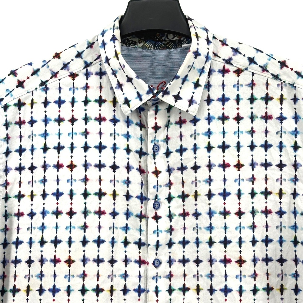 Robert Graham Shirt Mens 1XLT White Multicolor Geometric Regular Fit Button Up